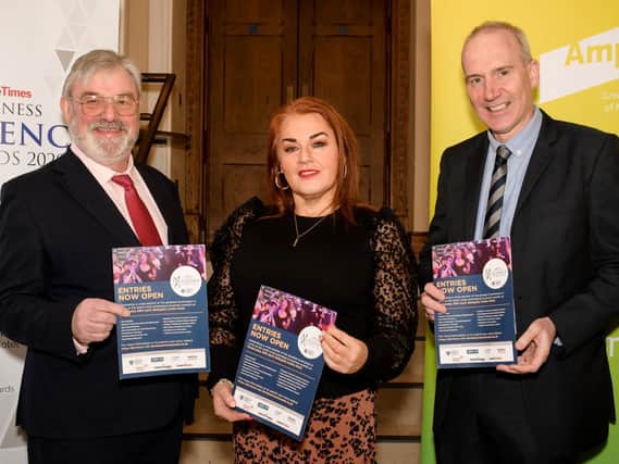 Launching the Larne Times Business Excellence Awards at Larne Town Hall are (from left) Dr Norman Apsley, chair, LEDCOM, Anne Donaghy, chief executive, Mid and East Antrim Borough Council and Terry Ferry, Larne Times editorial.