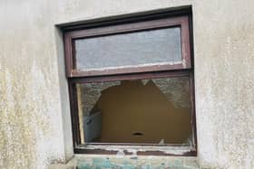 Broken window at Brantry Church Hall outside Dungannon.