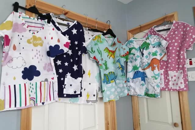 Some of the bright and child friendly scrubs made by Tandragee woman Valerie Kelly