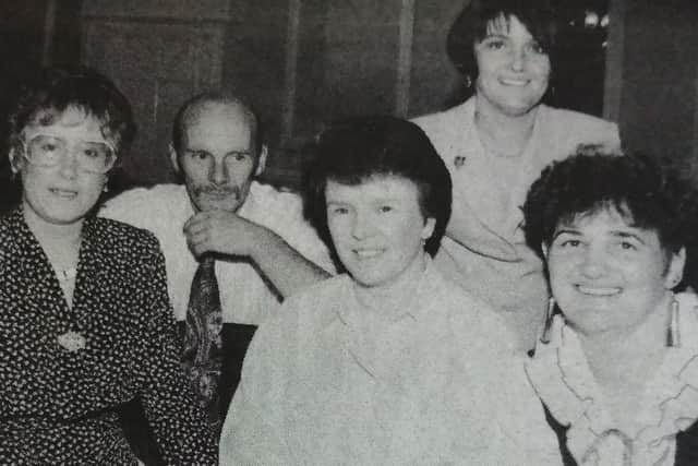 Pictured at the Gleno playgroup fundraising dance for Children in Need are Sandra and David Irvine, Lyn and Jimmy Corken, Elizabeth McKay, Valerie Snoddy and Meta Hamiton.1989