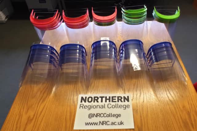 Protective face shields produced by Northern Regional College using 3D printers.