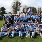 Eamonn Seydak and his Institute team-mates celebrate their memorable Bluefin Sport Championship victory in 2018.