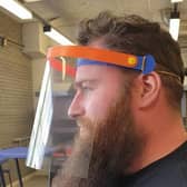 Teacher Daniel Cupples, from Carrickfegus Academy's Technology and Design department, sporting a visor.