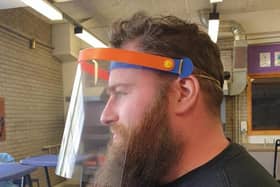Teacher Daniel Cupples, from Carrickfegus Academy's Technology and Design department, sporting a visor.