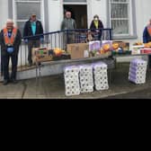 Moyasset Heritage and Cultural Society have distribute gift parcels to the elderly and housebound with the help of lodge members of Moyasset LOL 531.  Pictured: Robert Greer, Joe and Moira Steed, Fiona McCord and Joe Kernohan