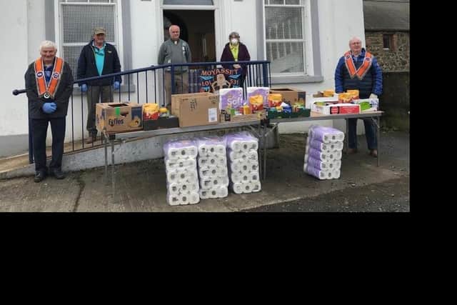 Moyasset Heritage and Cultural Society have distribute gift parcels to the elderly and housebound with the help of lodge members of Moyasset LOL 531.  Pictured: Robert Greer, Joe and Moira Steed, Fiona McCord and Joe Kernohan