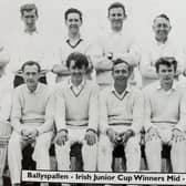 Ballyspallen CC 1965 Irish Junior Cup winner. Front row left to right: Billy Rodgers, Victor Townley, Brian Martin, Sam McGregor (captain), Keith Wallace and Roy Wilson. Back row left to right: Joe Pigott (Scorer); John Crown, Tommy Corscadden, Jack Nicholl, Robin Martin, Jonny Montgomery, Tommy Martin, Gilbert Townley and Walter Pigott.