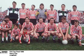 Derry City treble winners back row left to right Noel Larkin, Jack Keay, Paul Doolin, Tim Dalton, Kevin Brady, Paul Hegarty and John Coady. Front row left to right: Felix Healy, Paul Carlyle, Mick Neville, Liam Coyle, Johnny Speak and Stuart Gauld.