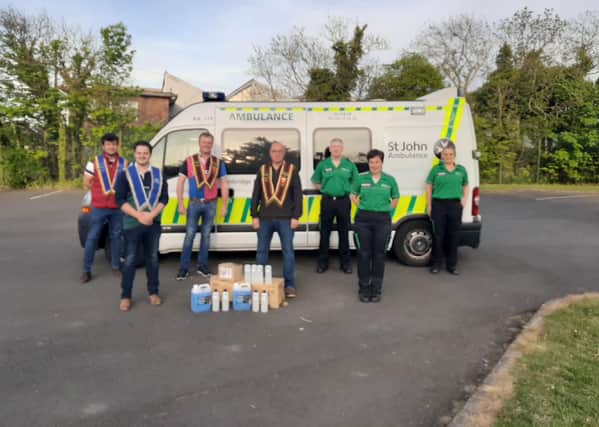 Pictured L-R: Clogher LOL529 Worshipful Master Bro Noel Savage, Bro Kris Pentland, Clogher RBP139 Worshipful Master Sir Knight Kyle Savage and Deputy Worshipful Master Sir Knight Denver Allen, kindly delivering goods to David McCausland, Assistant Unit Manager - St John Cadets; Christine McCormick, Unit Manager; Jenna O’Hare, Unit Event Lead