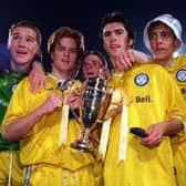 From the left, Leeds United's Paul Robinson, Alan Maybury, Andy Wright, Damian Lynch, Jonathan Woodgate and Wesley Boyle celebrate after winning the second leg of the FA Youth Challenge Cup final at Selhust Park in 1997. Pic by Mark Bickerdike