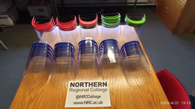 Protective face shields produced by Northern Regional College at the College’s Farm Lodge campus using 3D printers.