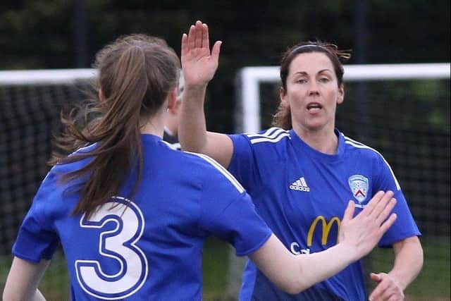 Alison Nicholl celebrating a Coleraine Ladies goal