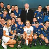 Henry McStay and the Leeds United team at the Milk Cup in 2002. They beat Panathinaikos of Greece 4-0 to lift Premier trophy at Coleraine Showgrounds