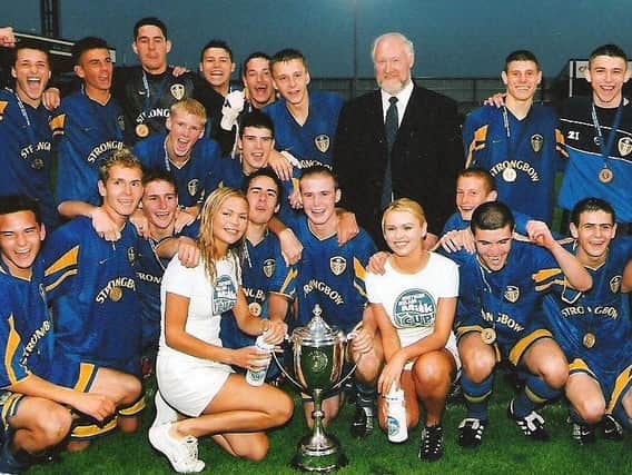 Henry McStay and the Leeds United team at the Milk Cup in 2002. They beat Panathinaikos of Greece 4-0 to lift Premier trophy at Coleraine Showgrounds