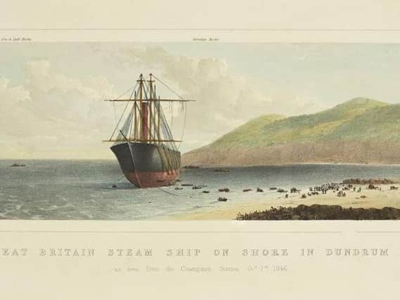 A depiction of the stranding of the SS Great Britain in September 1846 on Tyrella Beach, Co Down