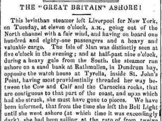 A clipping from the News Letter reporting the stranding of the SS Great Britain from September 1846