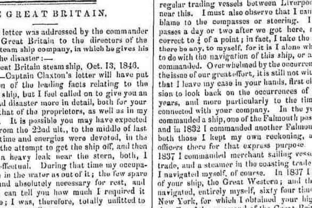 Clipping about the SS Great Britain from the News Letter in October 1846