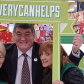 Noel Willimas supporting the Carrickfergus Foodbank team with volunteers Elizabeth Nicholl and Jill McIlreavy (right).