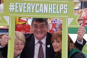Noel Willimas supporting the Carrickfergus Foodbank team with volunteers Elizabeth Nicholl and Jill McIlreavy (right).