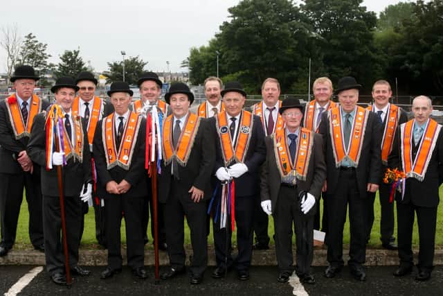 Lodge members of Carnlea Crimson Banner 961 at the Twelfth in Ballymena. BT29-226AC#