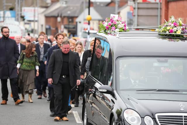 Press Eye - Belfast - Northern Ireland - 9th June 2020 -  

Friends and relatives pictured at the funeral of Kitty Neeson in Ballymena.  Catherine 'Kitty' Neeson, who was 94, passed away on Saturday at Slemish Nursing Home, the day before her son Liam's birthday