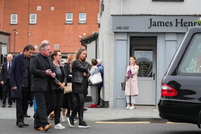 Press Eye - Belfast - Northern Ireland - 9th June 2020 -  

Friends and relatives pictured at the funeral of Kitty Neeson in Ballymena.  Catherine 'Kitty' Neeson, who was 94, passed away on Saturday at Slemish Nursing Home, the day before her son Liam's birthday.

Photo by Kelvin Boyes / Press Eye.