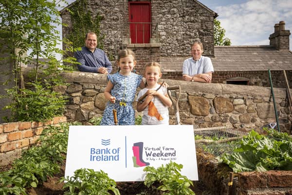 Pictured in Donagh Cottage Farm in Donaghcloney is Richard Primrose, Bank of Ireland UK Agri-Business Manager with Bank of Ireland Open Farm Weekend chairman and UFU deputy president David Brown with sisters Molly (5) and Edith Tumelty (4).  Picture by Brian Morrison.