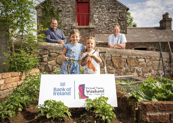 Pictured in Donagh Cottage Farm in Donaghcloney is Richard Primrose, Bank of Ireland UK Agri-Business Manager with Bank of Ireland Open Farm Weekend chairman and UFU deputy president David Brown with sisters Molly (5) and Edith Tumelty (4). Picture by Brian Morrison.