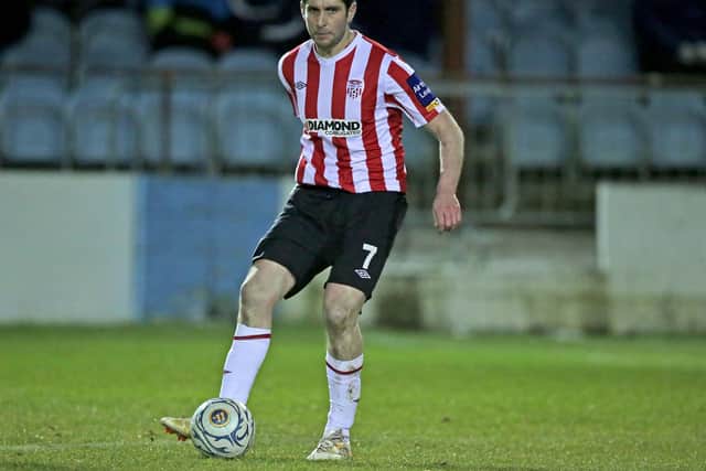 Ruaidhri Higgins in action for Derry City at Drogheda United.