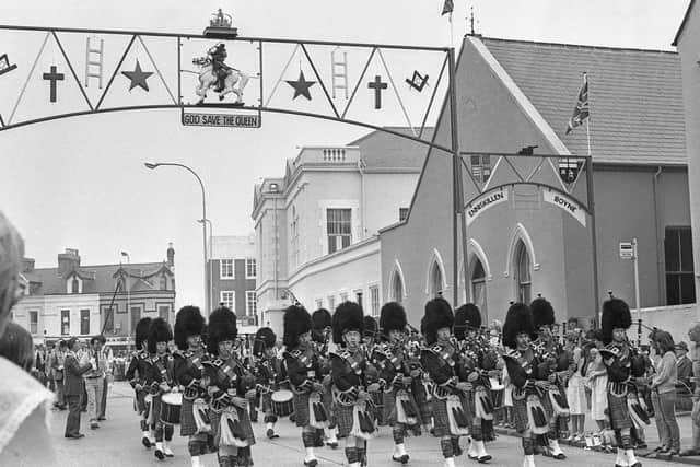 Cottown Pipe Band provided a smartly turned out group when they marched under the Bangor arch on the Hamilton Road in the town in 1983. Picture: News Letter archives