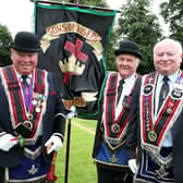 Sons of Joseph  RBP 306 Sir Knights (l-r) DM  Thomas McGregor-Collins, WM Ronnie McKnight, PM Norman McGregor- Collins  at the Royal Black Institution 'Last Saturday'  demonstration in Lisburn.
Picture by Brian Little