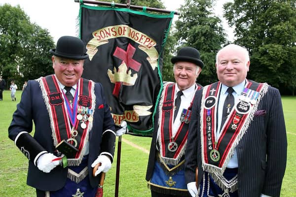 Sons of Joseph  RBP 306 Sir Knights (l-r) DM  Thomas McGregor-Collins, WM Ronnie McKnight, PM Norman McGregor- Collins  at the Royal Black Institution 'Last Saturday'  demonstration in Lisburn.
Picture by Brian Little