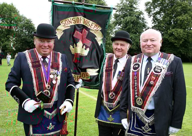 Sons of Joseph RBP 306 Sir Knights (l-r) DM Thomas McGregor-Collins, WM Ronnie McKnight, PM Norman McGregor- Collins at the Royal Black Institution 'Last Saturday' demonstration in Lisburn.
Picture by Brian Little