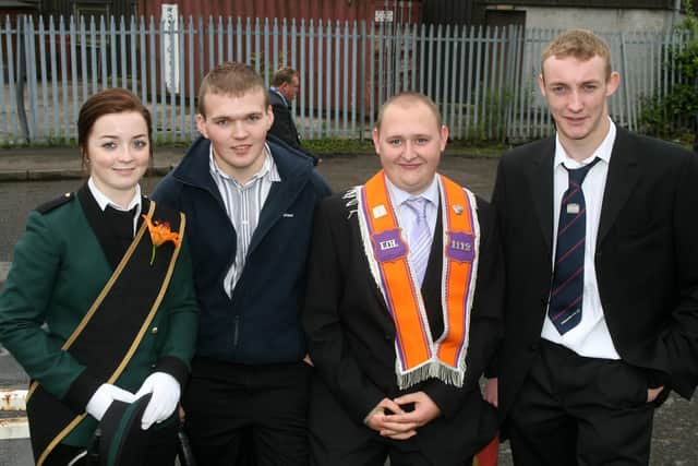 Joanne Andrews, William McCartney, Leslie McKee and Andrew Andrews at  the Twelfth celebrations in Ballymena. BT29-220AC
