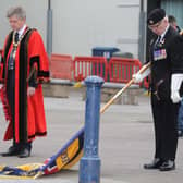 A moment of reflection with the Mayor of Causeway Coast and Glens Borough Council Alderman Mark Fielding and Standard Bearer Keith Charr during a short service held in Coleraine town centre