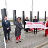 L-R: Junior Minister Gordon Lyons, First Minister Arlene Foster, Anne Donaghy CEO of Mid & East Antrim Borough Council, HM Lord Lieutenant of Co Antrim David McCorkell, Mayor Cllr Peter Johnston, and Deputy Mayor Cllr Andrew Wilson.