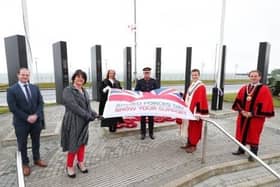 L-R: Junior Minister Gordon Lyons, First Minister Arlene Foster, Anne Donaghy CEO of Mid & East Antrim Borough Council, HM Lord Lieutenant of Co Antrim David McCorkell, Mayor Cllr Peter Johnston, and Deputy Mayor Cllr Andrew Wilson.