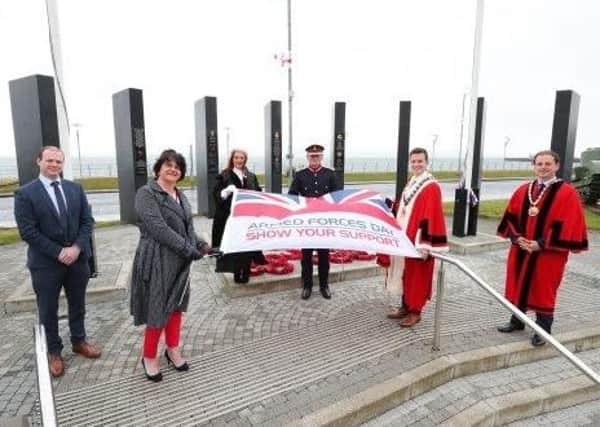 L-R: Junior Minister Gordon Lyons, First Minister Arlene Foster, Anne Donaghy CEO of Mid & East Antrim Borough Council, HM Lord Lieutenant of Co Antrim David McCorkell, Mayor Cllr Peter Johnston, and Deputy Mayor Cllr Andrew Wilson.