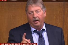 Sammy Wilson MP challenges the Prime Minister about claims that Larne port must prepare to become a border control post. (Photo: BBC)