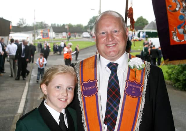 William Warick, of Castlegore LOL 922, with Jessica Warick at the Ballymena Twelfth celebrations. BT29-216AC