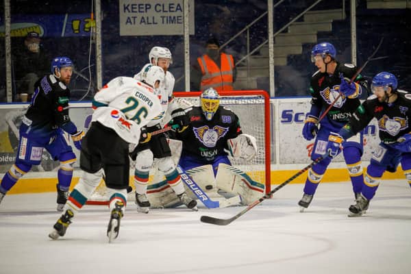 Belfast Giants' Scott Conway send the puck towards goal during Friday's game against the Fife Flyers in Kirkcaldy, Scotland. Picture: Jillian McFarlane/Fife Flyers Images