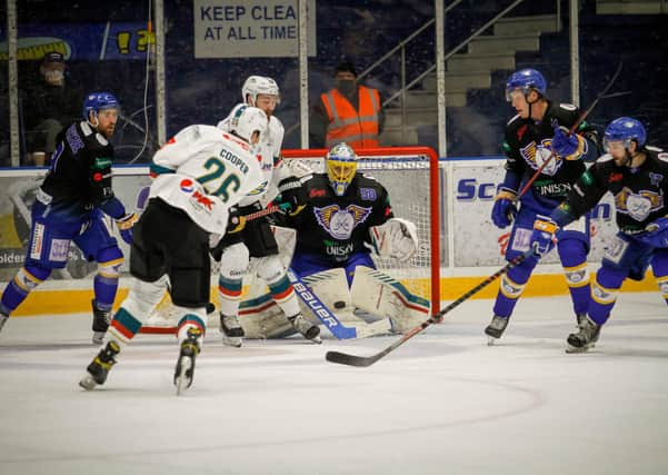 Belfast Giants' Scott Conway send the puck towards goal during Friday's game against the Fife Flyers in Kirkcaldy, Scotland. Picture: Jillian McFarlane/Fife Flyers Images