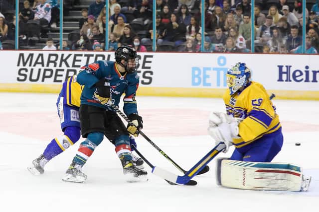 Belfast Giants' Ciaran Long with Fife Flyers' Shane Owen during Sunday's Challenge Cup game at The SSE Arena, Belfast. Picture: Matt Mackey/Press Eye