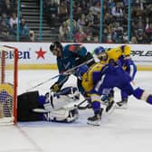 Belfast Giants' goal scorer JJ Piccinich celebrates during Sunday's Challenge Cup game at The SSE Arena, Belfast. Picture: Matt Mackey/Press Eye