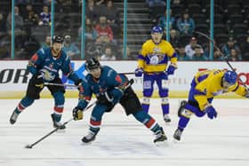 Belfast Giants’ JJ Piccinich with Fife Flyers’ Greg Chase
