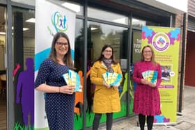Pictured from left are Sarah Ratcliffe (Help Kids Talk co-ordinator) Kirsty McKissick (local parent) and Natalie Latham (Specsavers Lisburn dispensing optician and store director)