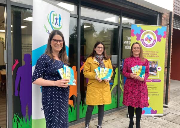 Pictured from left are Sarah Ratcliffe (Help Kids Talk co-ordinator) Kirsty McKissick (local parent) and Natalie Latham (Specsavers Lisburn dispensing optician and store director)