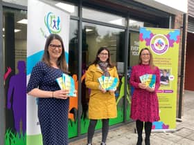 Pictured from left are Sarah Ratcliffe (Help Kids Talk co-ordinator) Kirsty McKissick (local parent) and Natalie Latham (Specsavers Lisburn dispensing optician and store director)