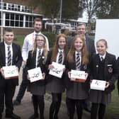 Mark Baker and Joshua Booth with Mr Massey and Glengormley students.