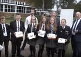Mark Baker and Joshua Booth with Mr Massey and Glengormley students.